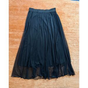Women’s Black Mesh Pleated Midi Skirt Lined Elastic Waist XS,S, M